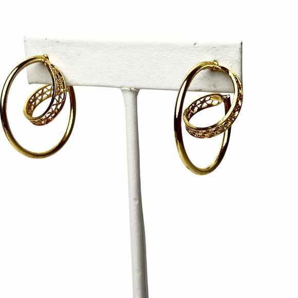 Hoop Earrings Gold Tone Swoop Cutout Spiral Unique Artistic Swirl Filigree Post - Picture 5 of 9